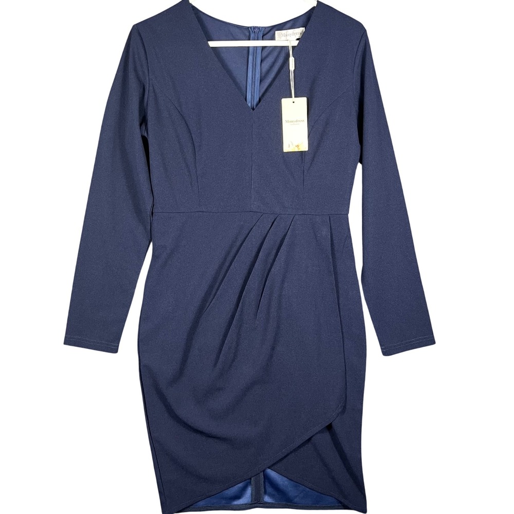 Manydress Cocktail Dress Women Medium Navy‎ Blue Long Sleeve V-Neck Wrap Front